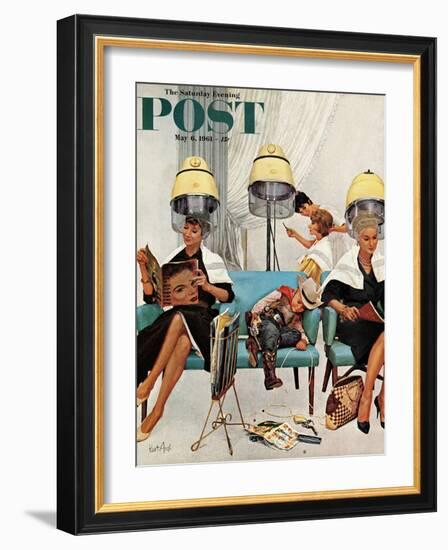 "Cowboy Asleep in Beauty Salon," Saturday Evening Post Cover, May 6, 1961-Kurt Ard-Framed Giclee Print