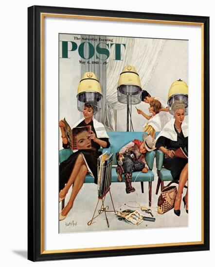 "Cowboy Asleep in Beauty Salon," Saturday Evening Post Cover, May 6, 1961-Kurt Ard-Framed Giclee Print