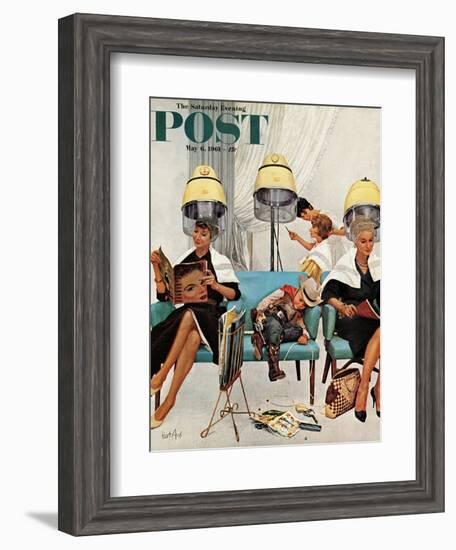 "Cowboy Asleep in Beauty Salon," Saturday Evening Post Cover, May 6, 1961-Kurt Ard-Framed Giclee Print