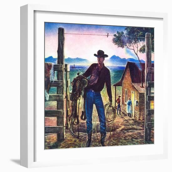 "Cowboy at End of the Day,"June 1, 1947-Peter Hurd-Framed Giclee Print