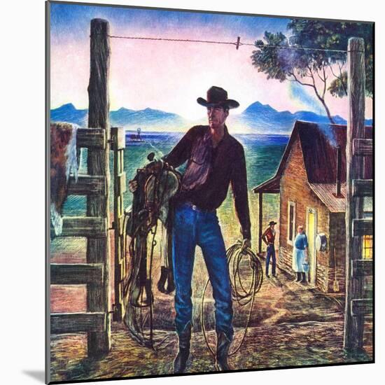"Cowboy at End of the Day,"June 1, 1947-Peter Hurd-Mounted Giclee Print