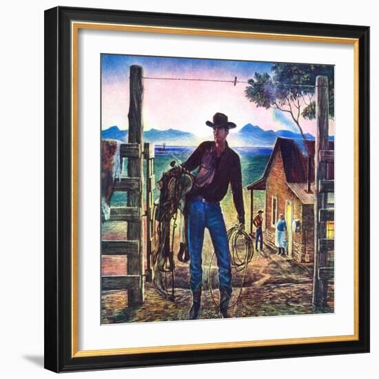 "Cowboy at End of the Day,"June 1, 1947-Peter Hurd-Framed Giclee Print