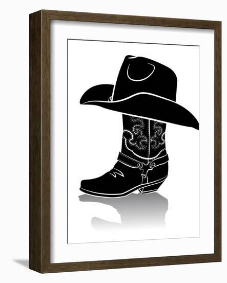 Cowboy Boot And Western Hat.Black Graphic Image On White-GeraKTV-Framed Art Print