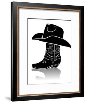 Cowboy Boot And Western Hat.Black Graphic Image On White-GeraKTV-Framed Art Print