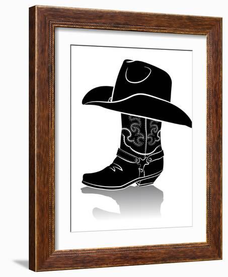 Cowboy Boot And Western Hat.Black Graphic Image On White-GeraKTV-Framed Art Print