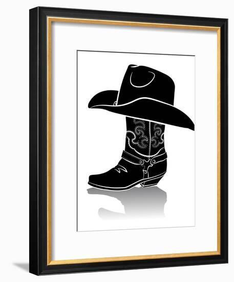 Cowboy Boot And Western Hat.Black Graphic Image On White-GeraKTV-Framed Art Print