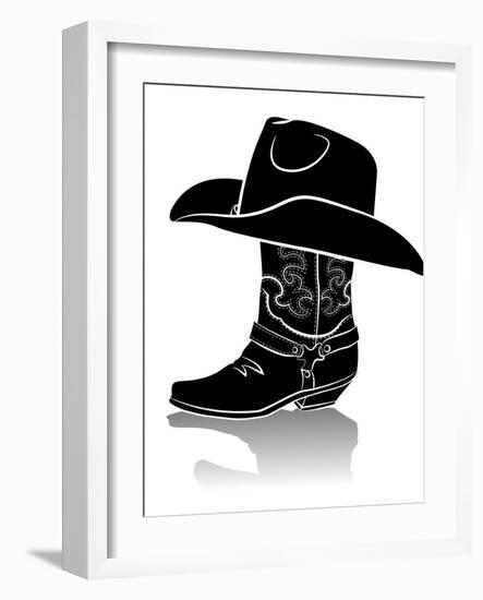 Cowboy Boot And Western Hat.Black Graphic Image On White-GeraKTV-Framed Art Print