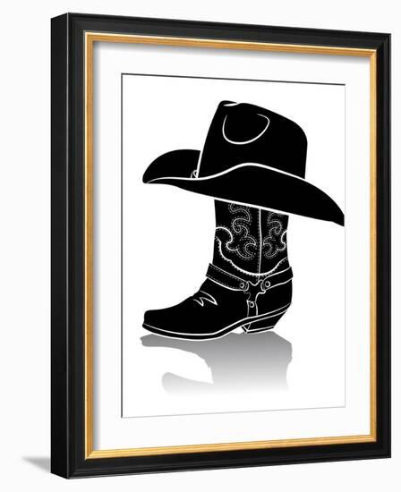 Cowboy Boot And Western Hat.Black Graphic Image On White-GeraKTV-Framed Art Print