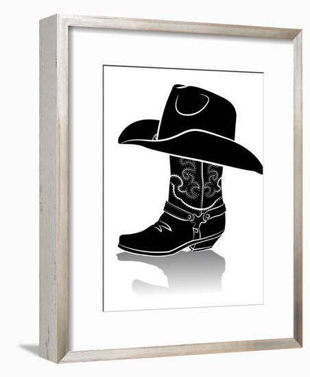 Cowboy Boot And Western Hat.Black Graphic Image On White-GeraKTV-Framed Art Print