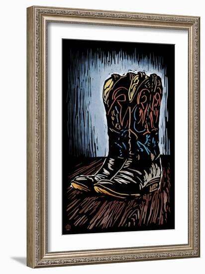 Cowboy Boots - Scratchboard-Lantern Press-Framed Art Print