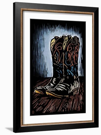 Cowboy Boots - Scratchboard-Lantern Press-Framed Art Print