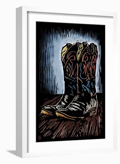 Cowboy Boots - Scratchboard-Lantern Press-Framed Art Print