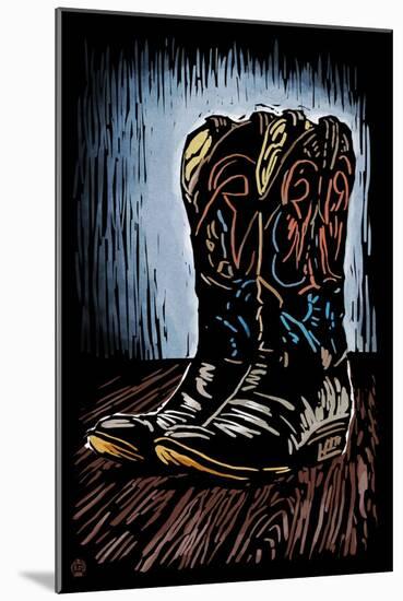 Cowboy Boots - Scratchboard-Lantern Press-Mounted Art Print