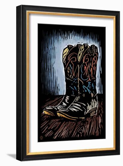 Cowboy Boots - Scratchboard-Lantern Press-Framed Art Print