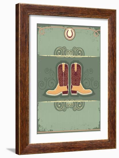 Cowboy Boots.Vintage Western Decor Background With Rope And Horseshoe-GeraKTV-Framed Art Print