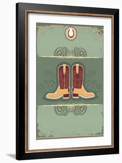 Cowboy Boots.Vintage Western Decor Background With Rope And Horseshoe-GeraKTV-Framed Art Print