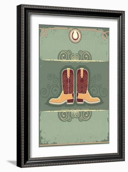 Cowboy Boots.Vintage Western Decor Background With Rope And Horseshoe-GeraKTV-Framed Art Print