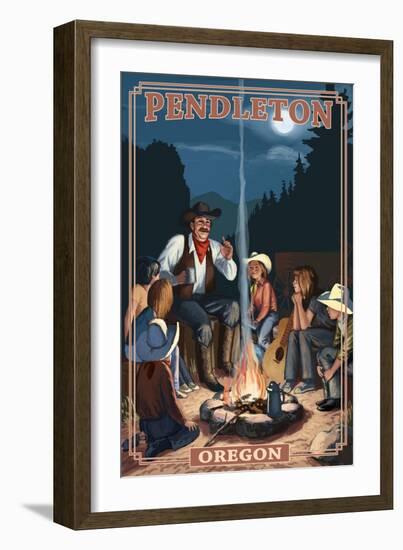 Cowboy Campfire Story Telling - Pendleton, Oregon-Lantern Press-Framed Art Print