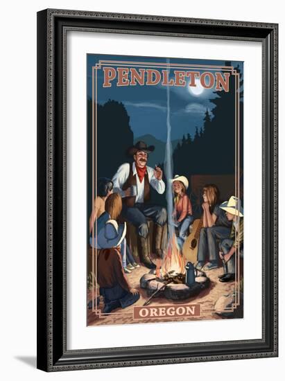 Cowboy Campfire Story Telling - Pendleton, Oregon-Lantern Press-Framed Art Print