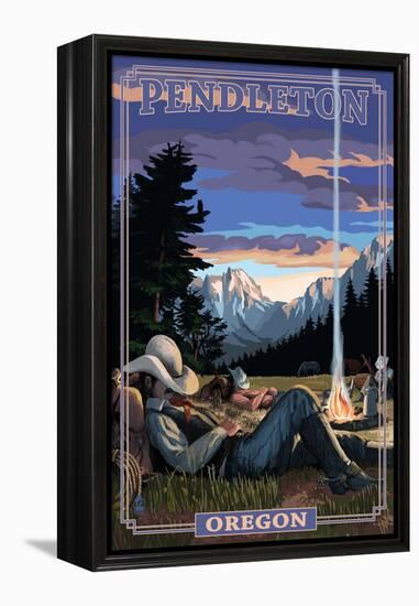 Cowboy Camping Night Scene - Pendleton, Oregon-Lantern Press-Framed Stretched Canvas