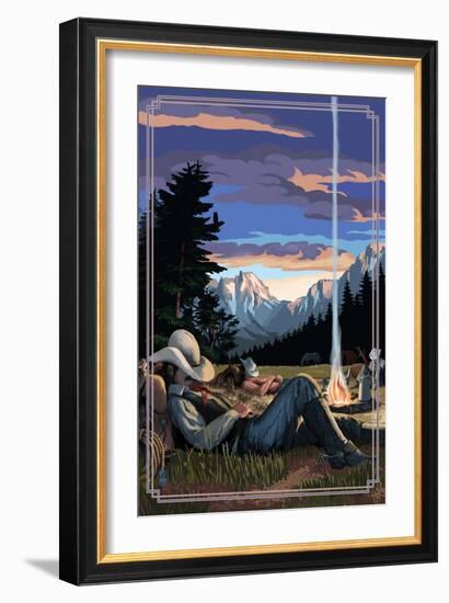 Cowboy Camping Night Scene-Lantern Press-Framed Art Print