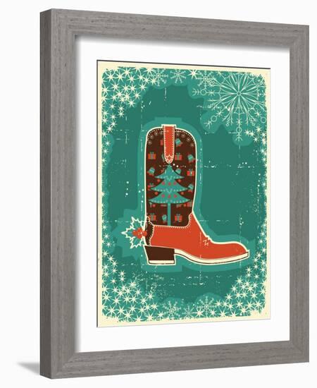 Cowboy Christmas Card with Boot and Holiday Decoration.Vintage Poster-GeraKTV-Framed Art Print