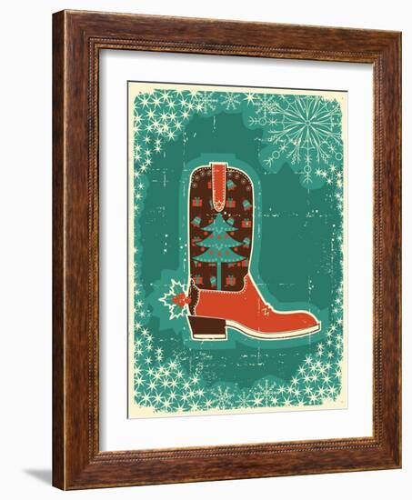 Cowboy Christmas Card with Boot and Holiday Decoration.Vintage Poster-GeraKTV-Framed Art Print