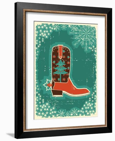 Cowboy Christmas Card with Boot and Holiday Decoration.Vintage Poster-GeraKTV-Framed Art Print