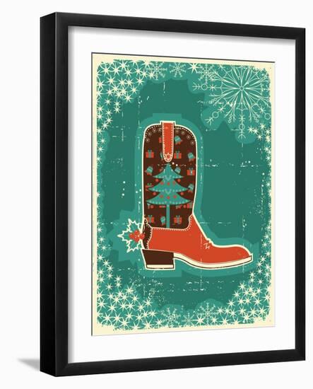 Cowboy Christmas Card with Boot and Holiday Decoration.Vintage Poster-GeraKTV-Framed Art Print