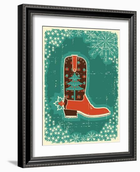 Cowboy Christmas Card with Boot and Holiday Decoration.Vintage Poster-GeraKTV-Framed Art Print