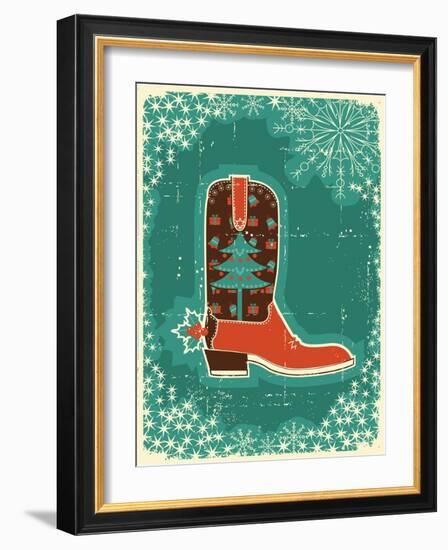 Cowboy Christmas Card with Boot and Holiday Decoration.Vintage Poster-GeraKTV-Framed Art Print