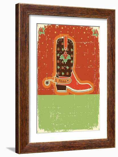 Cowboy Christmas Card with Boots and Holiday Decoration.Retro-GeraKTV-Framed Art Print