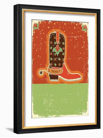 Cowboy Christmas Card with Boots and Holiday Decoration.Retro-GeraKTV-Framed Art Print