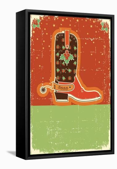 Cowboy Christmas Card with Boots and Holiday Decoration.Retro-GeraKTV-Framed Stretched Canvas