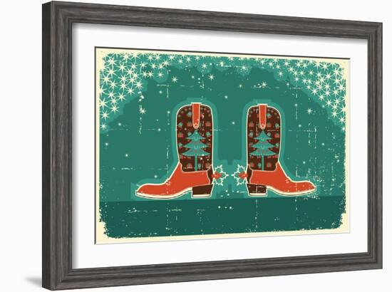 Cowboy Christmas Card with Boots and Holiday Decoration.Vintage Poster-GeraKTV-Framed Art Print