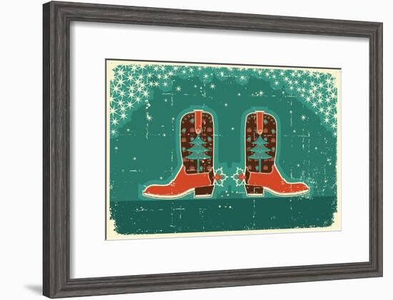 Cowboy Christmas Card with Boots and Holiday Decoration.Vintage Poster-GeraKTV-Framed Art Print