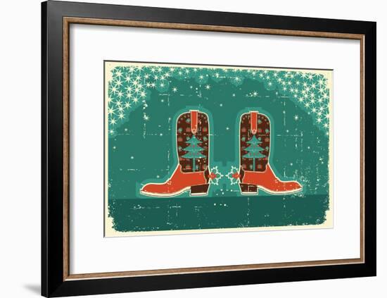 Cowboy Christmas Card with Boots and Holiday Decoration.Vintage Poster-GeraKTV-Framed Art Print