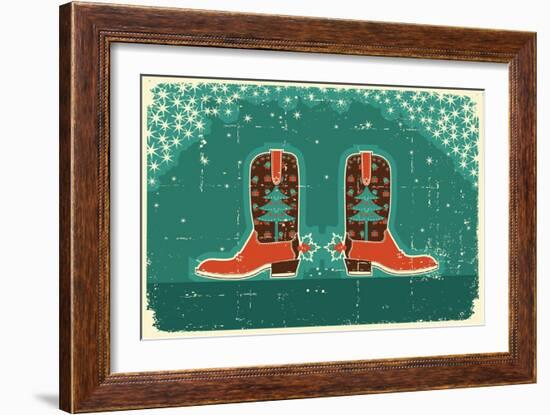 Cowboy Christmas Card with Boots and Holiday Decoration.Vintage Poster-GeraKTV-Framed Art Print