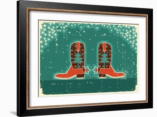 Cowboy Christmas Card with Boots and Holiday Decoration.Vintage Poster-GeraKTV-Framed Art Print