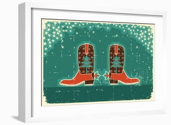 Cowboy Christmas Card with Boots and Holiday Decoration.Vintage Poster-GeraKTV-Framed Art Print