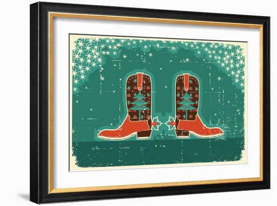 Cowboy Christmas Card with Boots and Holiday Decoration.Vintage Poster-GeraKTV-Framed Art Print