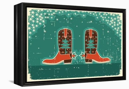 Cowboy Christmas Card with Boots and Holiday Decoration.Vintage Poster-GeraKTV-Framed Stretched Canvas