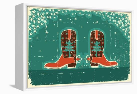 Cowboy Christmas Card with Boots and Holiday Decoration.Vintage Poster-GeraKTV-Framed Stretched Canvas