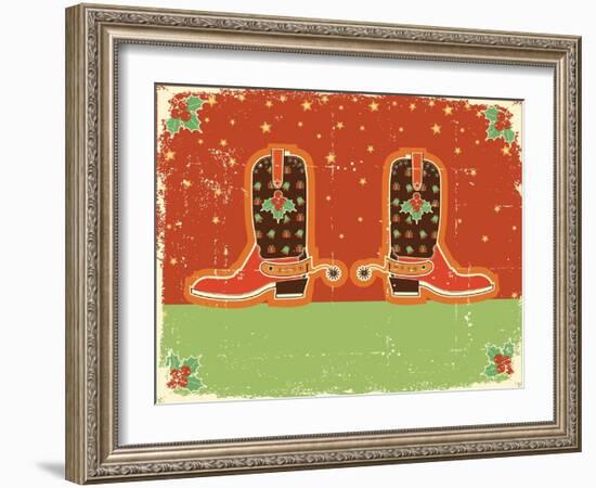 Cowboy Christmas Card with Boots and Holiday Decoration.Vintage Poster-GeraKTV-Framed Art Print