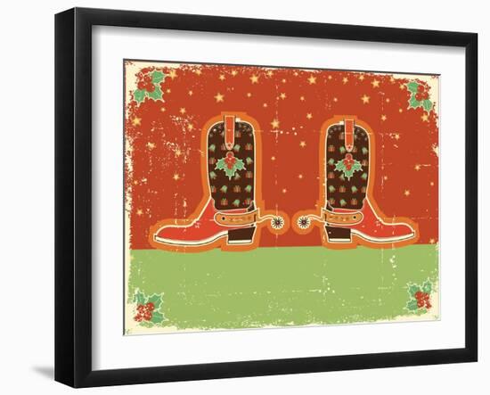 Cowboy Christmas Card with Boots and Holiday Decoration.Vintage Poster-GeraKTV-Framed Art Print