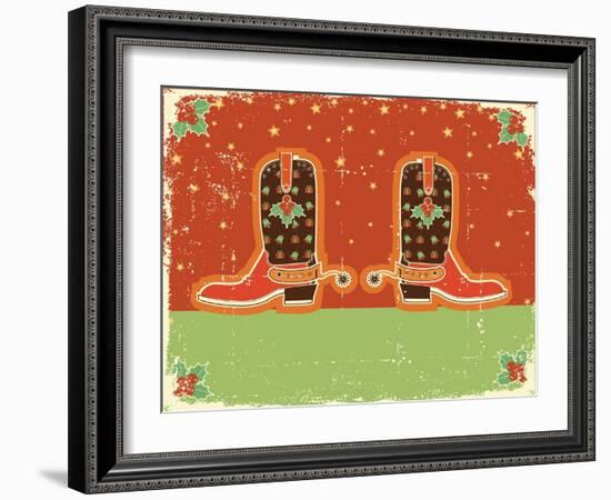 Cowboy Christmas Card with Boots and Holiday Decoration.Vintage Poster-GeraKTV-Framed Art Print