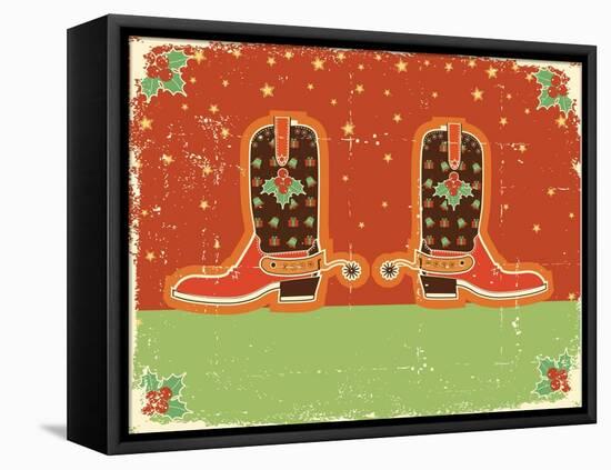 Cowboy Christmas Card with Boots and Holiday Decoration.Vintage Poster-GeraKTV-Framed Stretched Canvas