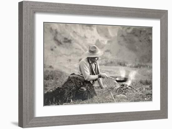 Cowboy Cooking over Campfire-null-Framed Art Print