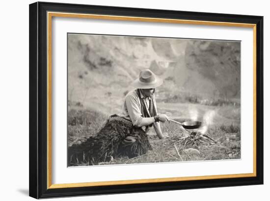 Cowboy Cooking over Campfire-null-Framed Art Print