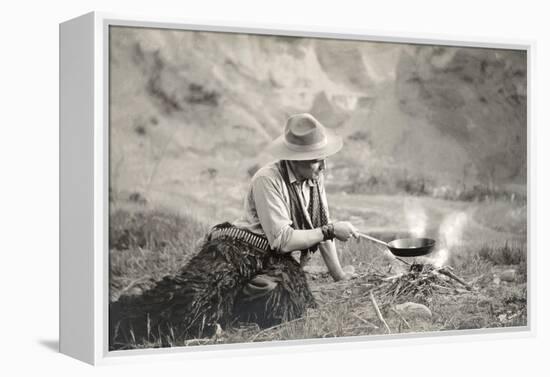 Cowboy Cooking over Campfire-null-Framed Stretched Canvas